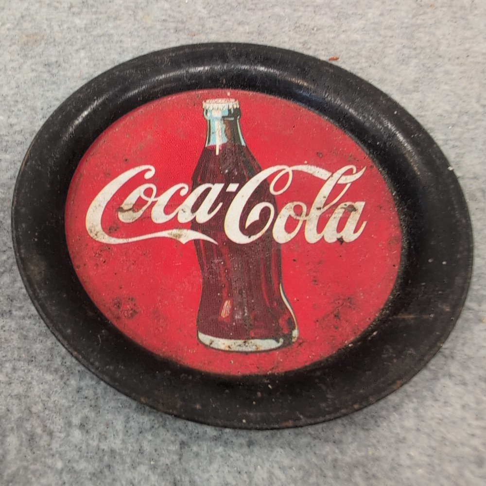 Vintage Coca Cola Metal Tray Coaster Round‎ Red Bottle Graphic Collectible